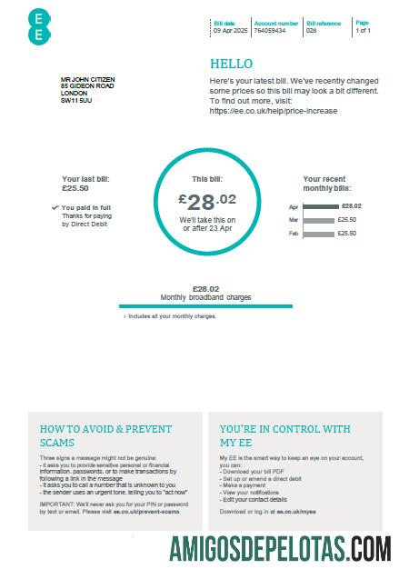 Para baixar modelo de conta de serviços públicos EE do Reino Unido em formatos Word e PDF